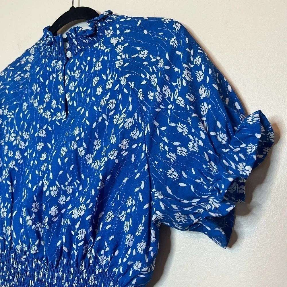 Hayden Blue Floral Smocked Neck Mini Dress Short Sleeve